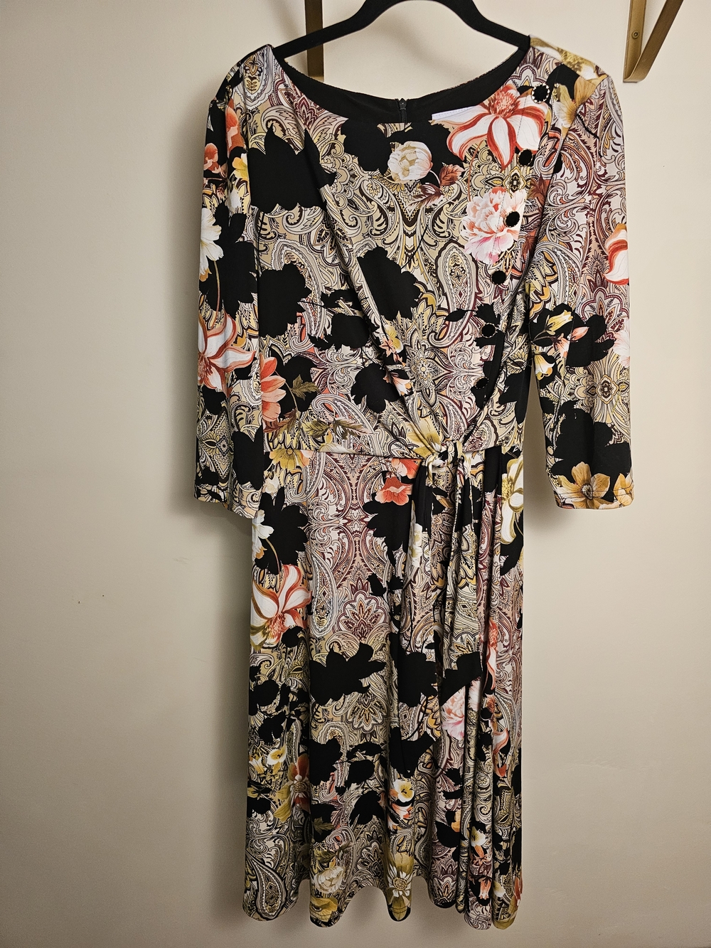 2008 Joseph Ribkoff Black Floral Faux Wrap Fit and Flare